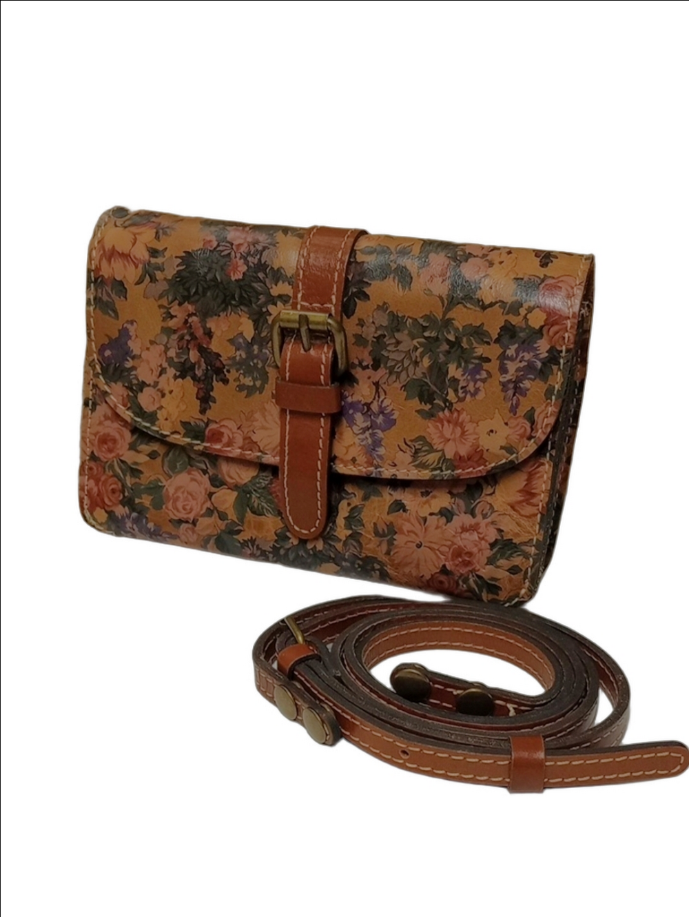 PATRICIA NASH ITALIAN LEATHER CONVERTIBLE CROSSBODY BROWN BAG FLORAL DESIGNS